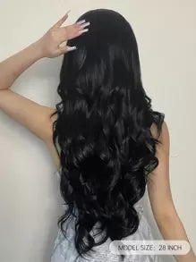 28 Inch Long Black Wigs For Women Middle Part Synthetic Wigs Natural Curly Hair For Daily Use Graceful Charming Wigs