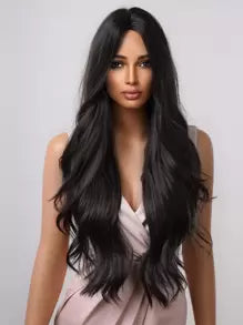 28 Inch Long Black Wigs For Women Middle Part Synthetic Wigs Natural Curly Hair For Daily Use Graceful Charming Wigs