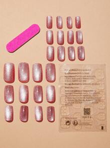 Press On Nails Cat Eye Effect Glossy Full Cover Short Almond False Nails For Women And Girls,24 Pcs Acrylic Nail Tips With Adhesive Tabs Nail Supplies