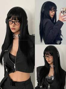 24 Inch Black Long Straight Synthetic Wig With Bangs Natural Black Heat Resistant
