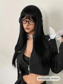 24 Inch Black Long Straight Synthetic Wig With Bangs Natural Black Heat Resistant