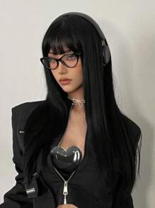 24 Inch Black Long Straight Synthetic Wig With Bangs Natural Black Heat Resistant