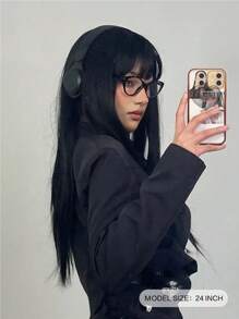 24 Inch Black Long Straight Synthetic Wig With Bangs Natural Black Heat Resistant