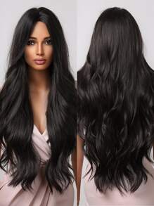 28 Inch Long Black Wigs For Women Middle Part Synthetic Wigs Natural Curly Hair For Daily Use Graceful Charming Wigs