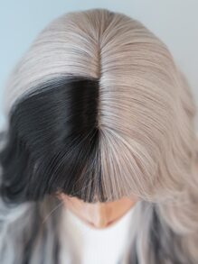 7JHH WIGS Silver Ash Pink Wavy Wig With Bangs Highlight Black Hair Body Long Curly Wigs Natural Fluffy Soft Woven Synthetic Fiber Costume Wig For Women&Girls Christmas Party Cosplay Use 26 Inch