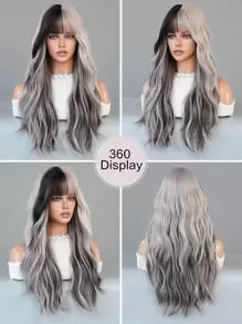 7JHH WIGS Silver Ash Pink Wavy Wig With Bangs Highlight Black Hair Body Long Curly Wigs Natural Fluffy Soft Woven Synthetic Fiber Costume Wig For Women&Girls Christmas Party Cosplay Use 26 Inch