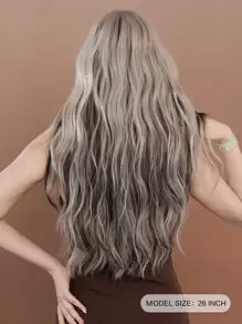 7JHH WIGS Silver Ash Pink Wavy Wig With Bangs Highlight Black Hair Body Long Curly Wigs Natural Fluffy Soft Woven Synthetic Fiber Costume Wig For Women&Girls Christmas Party Cosplay Use 26 Inch