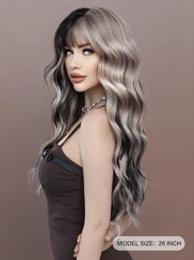 7JHH WIGS Silver Ash Pink Wavy Wig With Bangs Highlight Black Hair Body Long Curly Wigs Natural Fluffy Soft Woven Synthetic Fiber Costume Wig For Women&Girls Christmas Party Cosplay Use 26 Inch