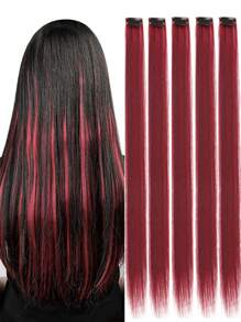 5 PCS Burgundy Colored Clip In Hair Extensions 20 Inch Long Straight Hairpieces Clip In Synthetic, Halloween Cosplay Dress Up Fashion Party Christmas New Year Gift For Women Christmas New Year Carnival Music Festival Use(Burgundy)
