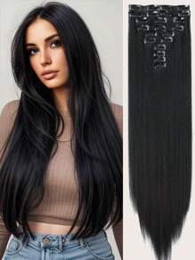 Clip In Hair Extensions Natural Black Color 24 Inch 12 PCS Set Long Straight Hair Extension Synthetic Hairpieces For Women Girls Daily Use