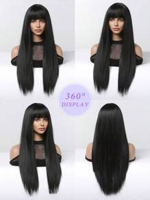 24 Inch Black Long Straight Synthetic Wig With Bangs Natural Black Heat Resistant