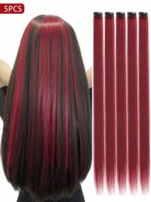5 PCS Burgundy Colored Clip In Hair Extensions 20 Inch Long Straight Hairpieces Clip In Synthetic, Halloween Cosplay Dress Up Fashion Party Christmas New Year Gift For Women Christmas New Year Carnival Music Festival Use(Burgundy)