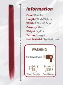 5 PCS Burgundy Colored Clip In Hair Extensions 20 Inch Long Straight Hairpieces Clip In Synthetic, Halloween Cosplay Dress Up Fashion Party Christmas New Year Gift For Women Christmas New Year Carnival Music Festival Use(Burgundy)