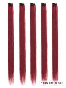 5 PCS Burgundy Colored Clip In Hair Extensions 20 Inch Long Straight Hairpieces Clip In Synthetic, Halloween Cosplay Dress Up Fashion Party Christmas New Year Gift For Women Christmas New Year Carnival Music Festival Use(Burgundy)