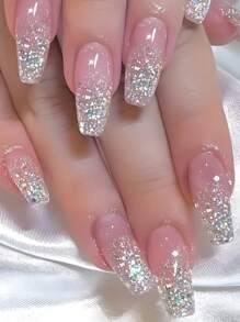Y2k 24pcs Long Coffin Shape Pink & Silver Glitter Gradient False Nails, Sweet, Elegant And Cute Style, Removable Fake Nails With Adhesive & Nail File Kit, Suitable For Festival, Party, Dating And Daily Use, Comes With 24pcs Jelly Glue And Nail File Press