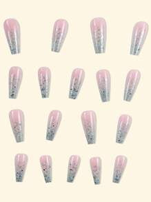 Y2k 24pcs Long Coffin Shape Pink & Silver Glitter Gradient False Nails, Sweet, Elegant And Cute Style, Removable Fake Nails With Adhesive & Nail File Kit, Suitable For Festival, Party, Dating And Daily Use, Comes With 24pcs Jelly Glue And Nail File Press