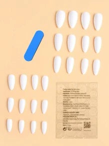 Transform Your Nails With, 24pcs White Almond Presson Nails , Fit Perfectly& Medium Length Design Acrylic Fake Nails, Contain 1pc Jelly Glue And 1pc Nail File, Suitable For Ladies And Girls Daily Work Party Use Nail Supplies
