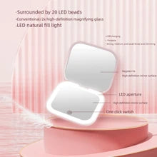 High-Definition  Mirror Magnification Patch Mirror Three Level Dimming Portable Flip Cover Circular Folding LED Makeup Mirror With One Side Enlarged 2X Beauty Mini USB Light Emitting Charging Small Mirror
