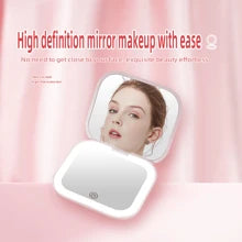 High-Definition  Mirror Magnification Patch Mirror Three Level Dimming Portable Flip Cover Circular Folding LED Makeup Mirror With One Side Enlarged 2X Beauty Mini USB Light Emitting Charging Small Mirror