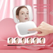 High-Definition  Mirror Magnification Patch Mirror Three Level Dimming Portable Flip Cover Circular Folding LED Makeup Mirror With One Side Enlarged 2X Beauty Mini USB Light Emitting Charging Small Mirror