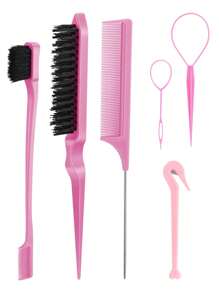 6packs Hair Loop Tool Set With 2Pcs French Braid Tool Loop, Leather Sheath Cutter, Teasing Hair Brush Rat Tail Comb Edge Brush For Edge & Back Brushing, Combing, Slicking Hair For Women For Hair Styling,Hair Brush,Comb,Hair Tools,Hair Products And Accesso