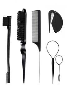 6packs Hair Loop Tool Set With 2Pcs French Braid Tool Loop, Leather Sheath Cutter, Teasing Hair Brush Rat Tail Comb Edge Brush For Edge & Back Brushing, Combing, Slicking Hair For Women For Hair Styling,Hair Brush,Comb,Hair Tools,Hair Products And Accesso