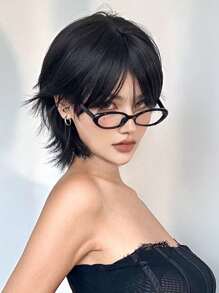12 Inch Short Mullet Head Wigs With Bangs Synthetic Straight Women Black Short Hair Wig For Daily Party Cosplay Wigs