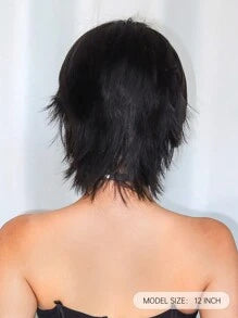 12 Inch Short Mullet Head Wigs With Bangs Synthetic Straight Women Black Short Hair Wig For Daily Party Cosplay Wigs