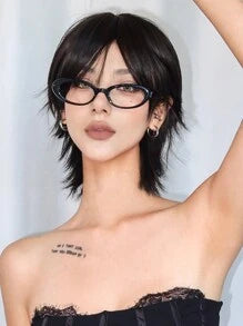 12 Inch Short Mullet Head Wigs With Bangs Synthetic Straight Women Black Short Hair Wig For Daily Party Cosplay Wigs