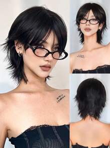 12 Inch Short Mullet Head Wigs With Bangs Synthetic Straight Women Black Short Hair Wig For Daily Party Cosplay Wigs