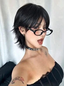 12 Inch Short Mullet Head Wigs With Bangs Synthetic Straight Women Black Short Hair Wig For Daily Party Cosplay Wigs