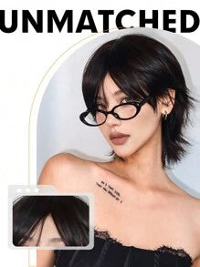 12 Inch Short Mullet Head Wigs With Bangs Synthetic Straight Women Black Short Hair Wig For Daily Party Cosplay Wigs