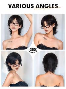 12 Inch Short Mullet Head Wigs With Bangs Synthetic Straight Women Black Short Hair Wig For Daily Party Cosplay Wigs
