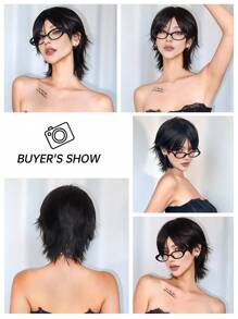 12 Inch Short Mullet Head Wigs With Bangs Synthetic Straight Women Black Short Hair Wig For Daily Party Cosplay Wigs