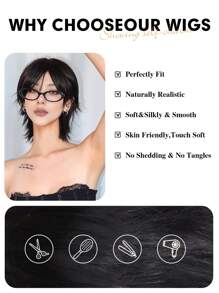 12 Inch Short Mullet Head Wigs With Bangs Synthetic Straight Women Black Short Hair Wig For Daily Party Cosplay Wigs
