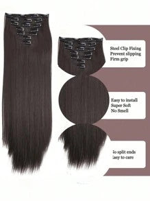 7 Pieces/Set 16 Clip Hair Extensions Black Long Straight Hair Natural Gradual Change Wig Heat Resistant Fiber Women's Hairstyle