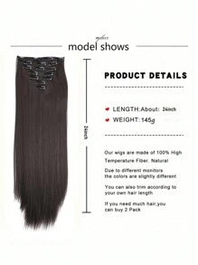 7 Pieces/Set 16 Clip Hair Extensions Black Long Straight Hair Natural Gradual Change Wig Heat Resistant Fiber Women's Hairstyle