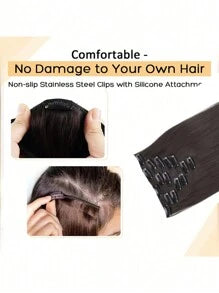 7 Pieces/Set 16 Clip Hair Extensions Black Long Straight Hair Natural Gradual Change Wig Heat Resistant Fiber Women's Hairstyle