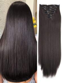7 Pieces/Set 16 Clip Hair Extensions Black Long Straight Hair Natural Gradual Change Wig Heat Resistant Fiber Women's Hairstyle