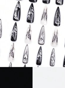 24 Pieces Of Long Nails European And American Retro Silver Three-Dimensional Water Drop Pattern Black Butterfly Hand-Made Wear Press On Nails Nail Supplies Nails