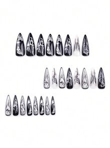 24 Pieces Of Long Nails European And American Retro Silver Three-Dimensional Water Drop Pattern Black Butterfly Hand-Made Wear Press On Nails Nail Supplies Nails