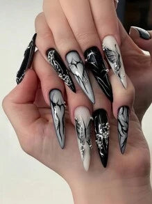 24 Pieces Of Long Nails European And American Retro Silver Three-Dimensional Water Drop Pattern Black Butterfly Hand-Made Wear Press On Nails Nail Supplies Nails