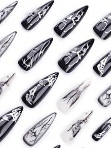 24 Pieces Of Long Nails European And American Retro Silver Three-Dimensional Water Drop Pattern Black Butterfly Hand-Made Wear Press On Nails Nail Supplies Nails