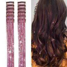 6Pcs Hair Tinsel Clip In 23.6Inch Glitter Tinsel Hair Extensions Clip In Hair Tinsel Kit Heat Resistant Shiny Sparkle Fairy Hair Accessories For Women (Pink)