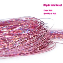 6Pcs Hair Tinsel Clip In 23.6Inch Glitter Tinsel Hair Extensions Clip In Hair Tinsel Kit Heat Resistant Shiny Sparkle Fairy Hair Accessories For Women (Pink)