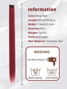 5 Pieces Of Straight Hair Clip Style Color Extensions, Synthetic 20 Inch Women's Extended Hair, Suitable For Daily Party Wearing Wigs, Role-Playing, Halloween, Christmas Wear