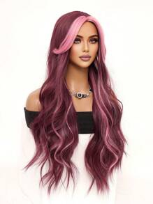 Gorgeous Soft Long Waves Dark Red Highlight Pink Natural Look Glamor Women Daily Party Wig Synthetic Loose Fashion Cool Wig Romantic Elegant Cute Halloween Christmas Cosplay Used Casual Street Heat Resistant Wig 34 Inch