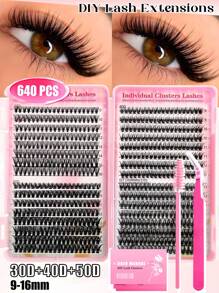 640PCS Individual Lash Clusters Large Capicity 30D+40D+50D D Curl 9-16mm Mixed DIY Lash Clusters Natural Look&Extra Thick&Wispy&Mega Volume Reusable DIY Eyelash Extension Kit With Makeup Tool Tweezers&Brushes For Beginner Use At Home Or On-The-Go For Dail