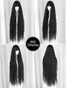NICKY WALL Super Long Black Cosplay Lolita Wig Loose Wave Curly Cute Wigs With Bangs Natural Fashionable Synthetic Heat Resistant Fiber Wigs For Women & Girls Daily Party Use 44 Inch