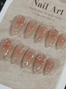 10 Pcs Handmade Press On Nails ,Christmas Gifts,Fake Nails,Press On Short Nails, Almond Nails, Inlaid With Golden Flower Strips, Light And Luxurious, Elegant And Noble In Temperament, Suitable For Daily Use By Women Of Different Styles, Detachable And Reu